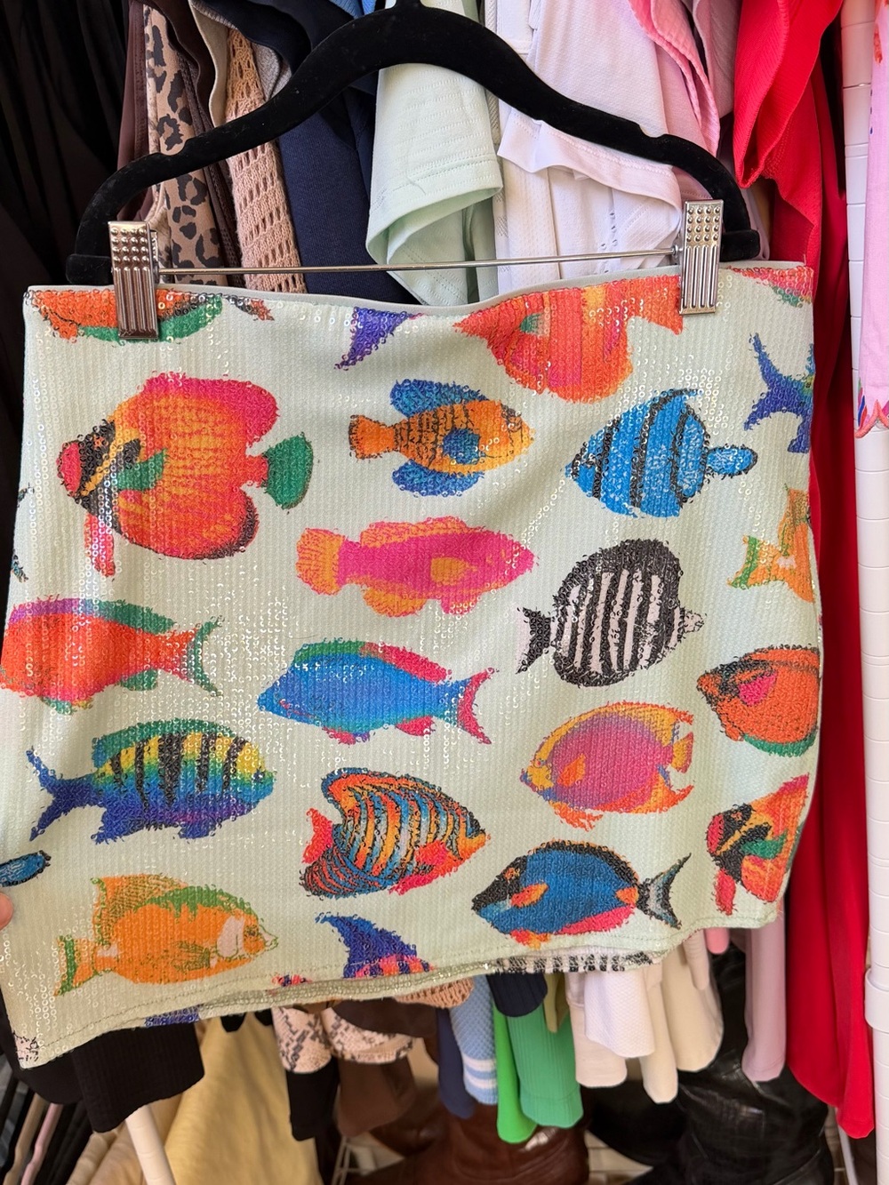Sequin Mini Skirt with Multicolor Fish Print - Women